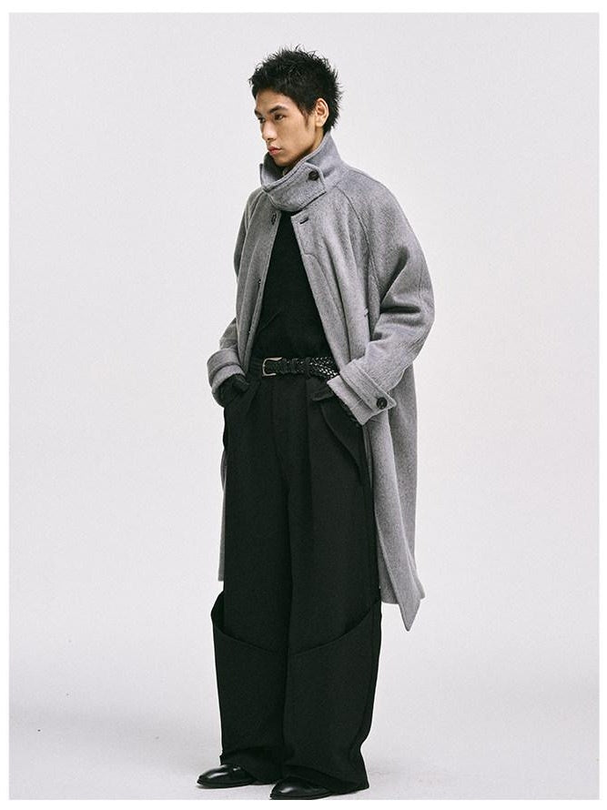 CATSSTAC Cozy Longline Relaxed Fit Trendy Notched Lapel Single Breasted Gray Wool Coats