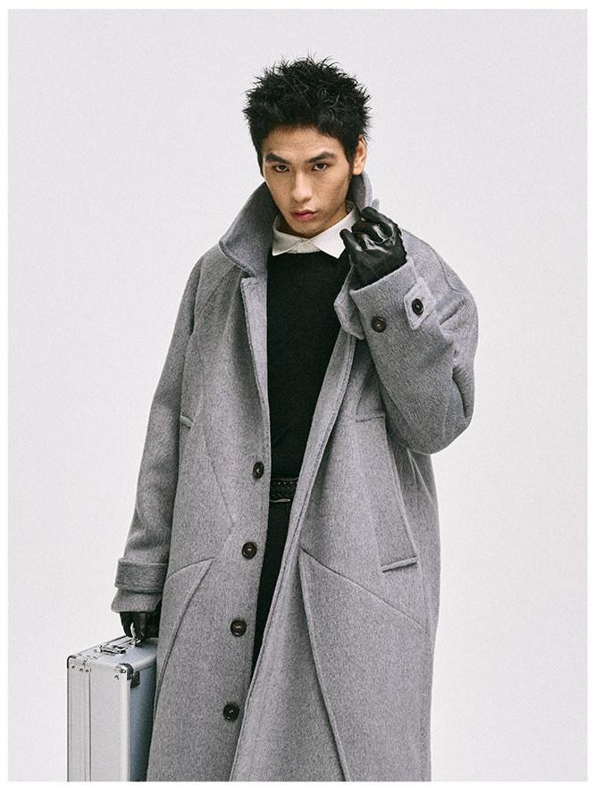 CATSSTAC Cozy Longline Relaxed Fit Trendy Notched Lapel Single Breasted Gray Wool Coats