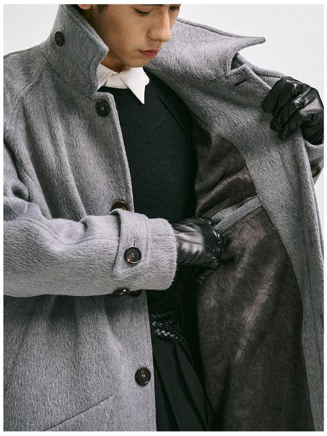 CATSSTAC Cozy Longline Relaxed Fit Trendy Notched Lapel Single Breasted Gray Wool Coats