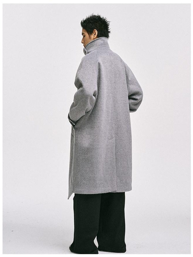 CATSSTAC Cozy Longline Relaxed Fit Trendy Notched Lapel Single Breasted Gray Wool Coats