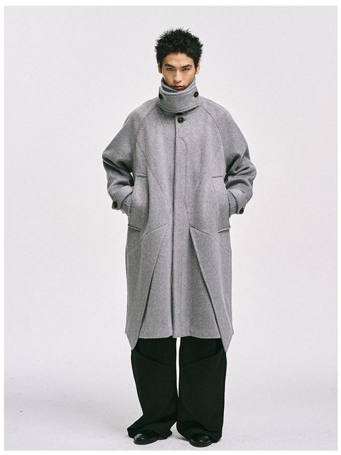 CATSSTAC Cozy Longline Relaxed Fit Trendy Notched Lapel Single Breasted Gray Wool Coats