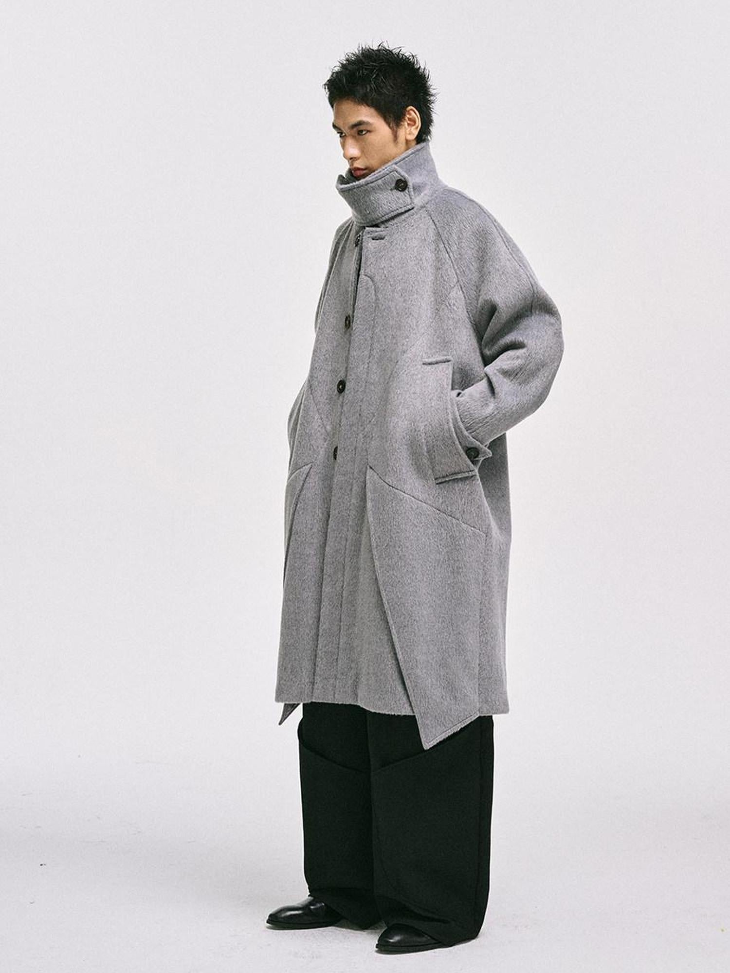 CATSSTAC Cozy Longline Relaxed Fit Trendy Notched Lapel Single Breasted Gray Wool Coats