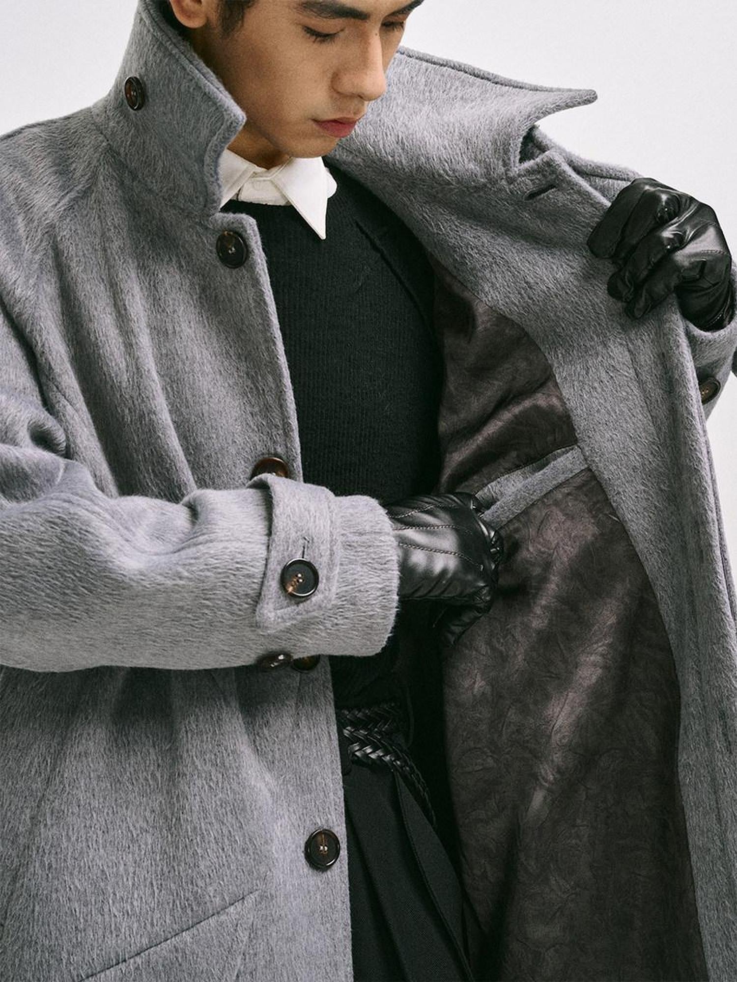 CATSSTAC Cozy Longline Relaxed Fit Trendy Notched Lapel Single Breasted Gray Wool Coats