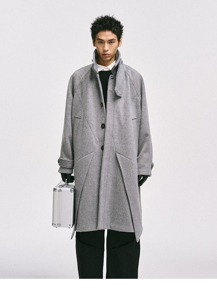 CATSSTAC Cozy Longline Relaxed Fit Trendy Notched Lapel Single Breasted Gray Wool Coats