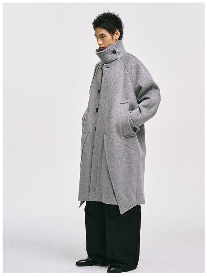 CATSSTAC Cozy Longline Relaxed Fit Trendy Notched Lapel Single Breasted Gray Wool Coats