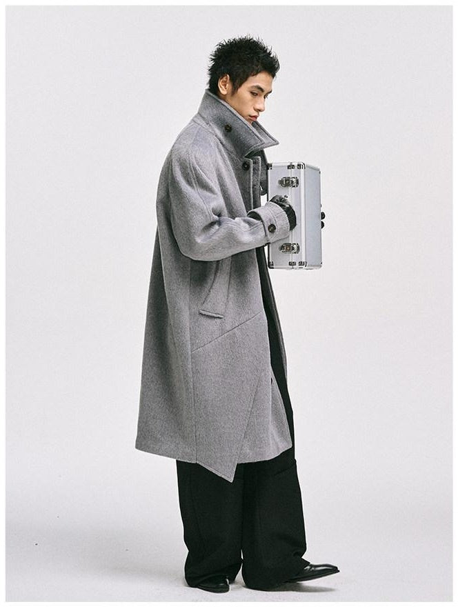 CATSSTAC Cozy Longline Relaxed Fit Trendy Notched Lapel Single Breasted Gray Wool Coats