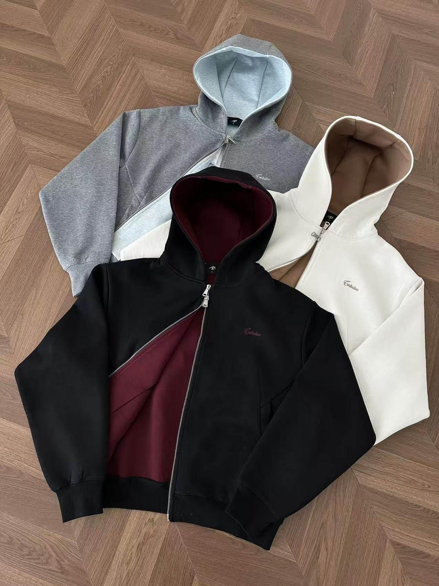 CATSSTAC Cozy Oversized Color Block Hooded Zipper Unisex Casual Knit Logo Cardigans