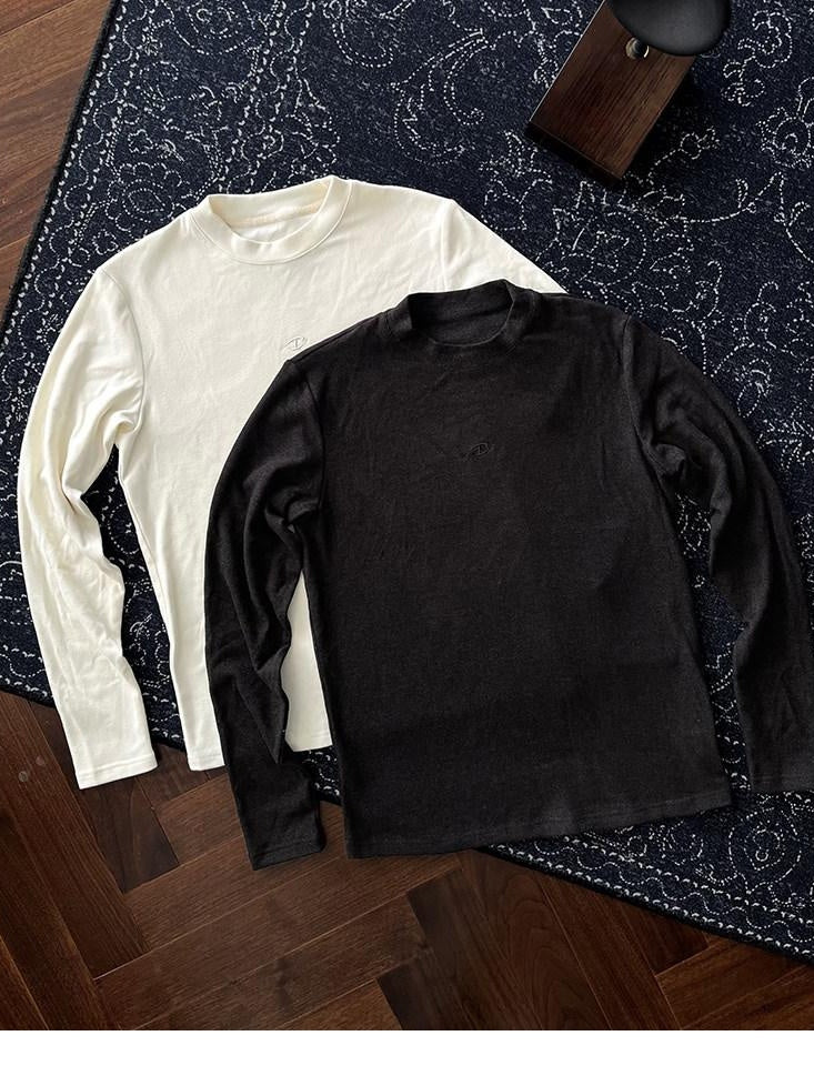 CATSSTAC Cozy Thermal Crew Neck Solid Pullover Unisex Black White Long Sleeve T-Shirts