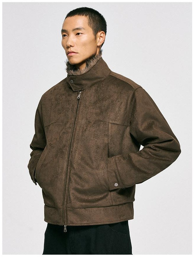 CATSSTAC Cozy Thick Suede Oversized Knit Stand Collar Unisex Chestnut Leather Jackets