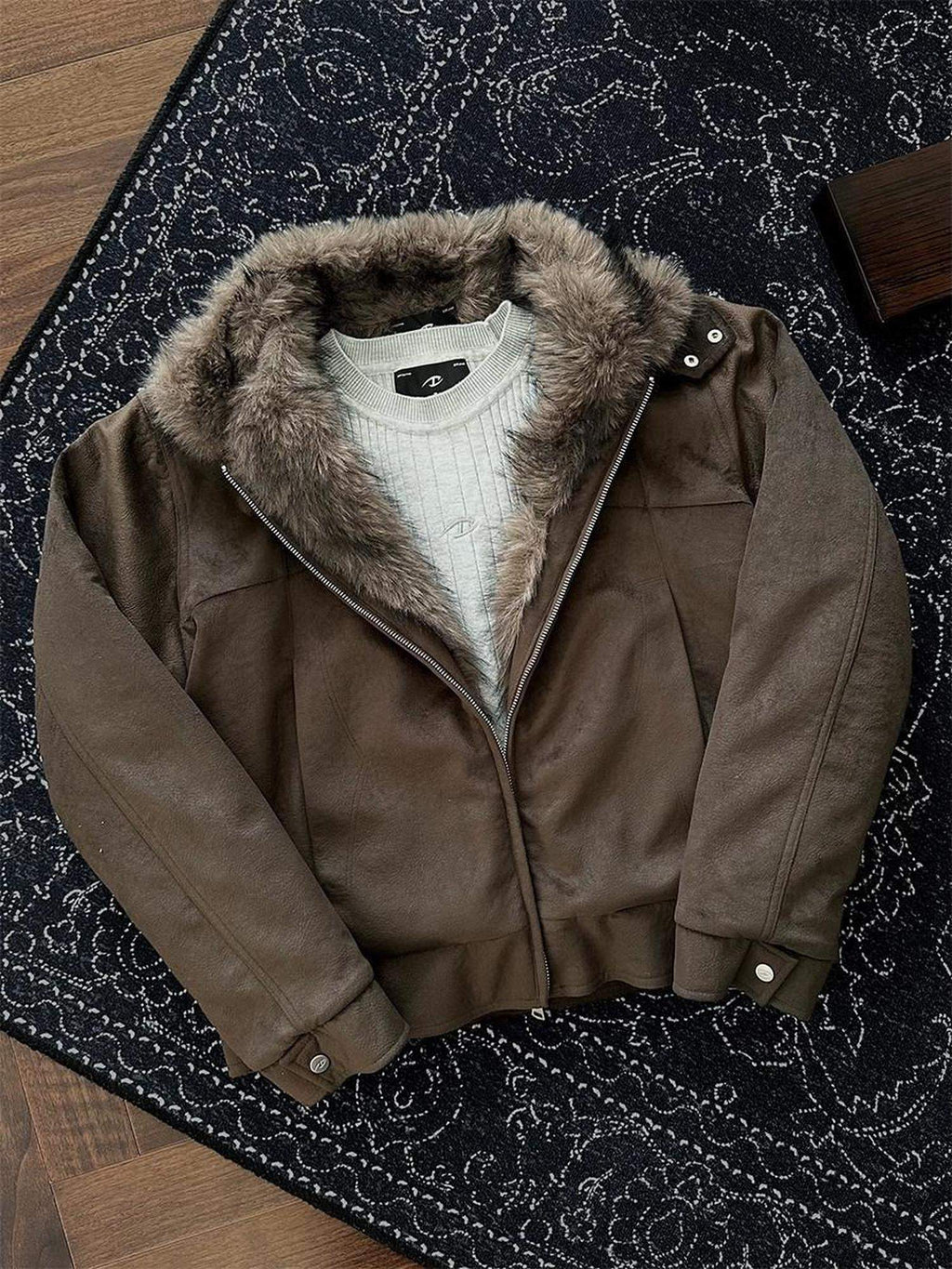 CATSSTAC Cozy Thick Suede Oversized Knit Stand Collar Unisex Chestnut Leather Jackets