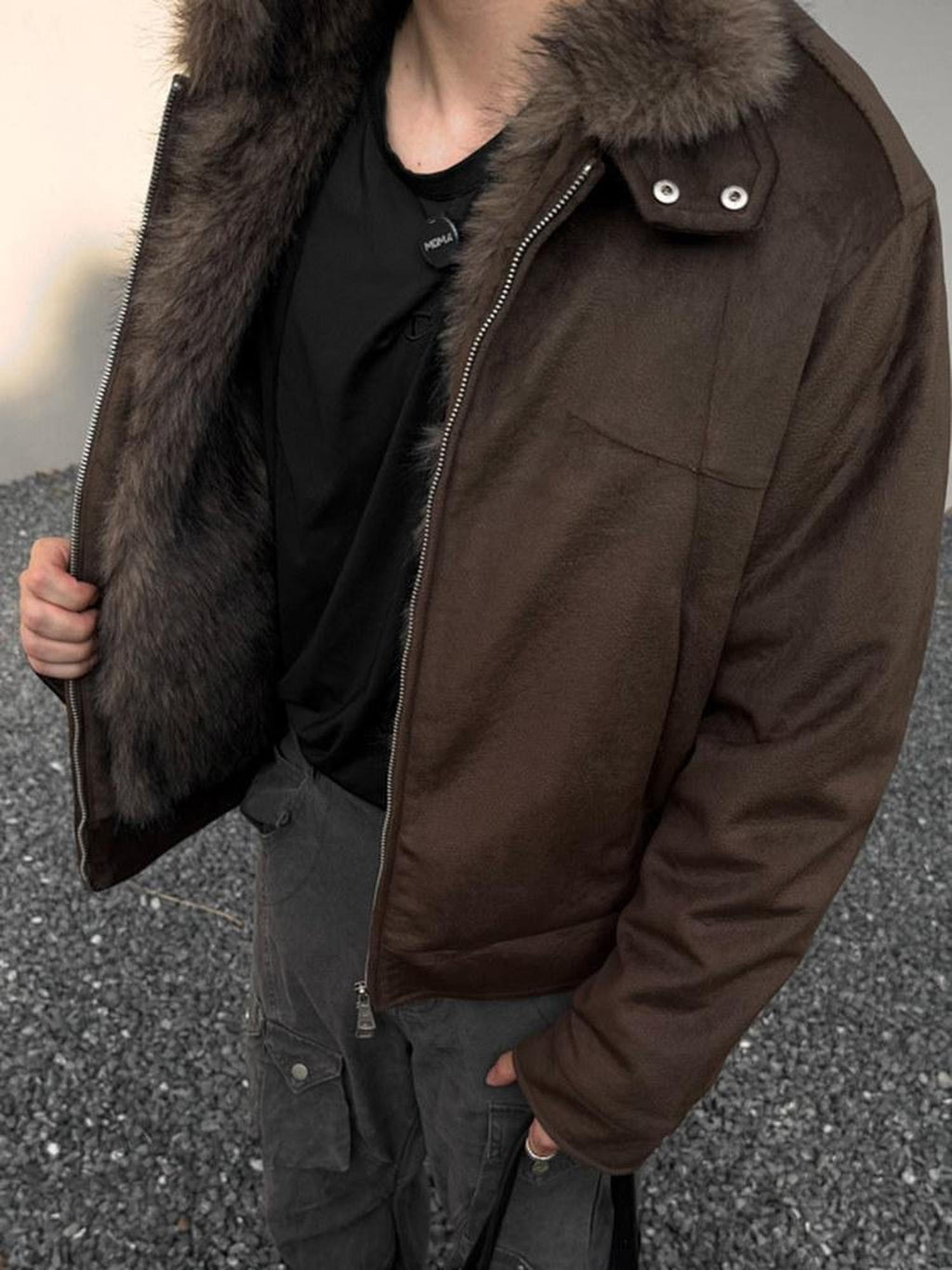 CATSSTAC Cozy Thick Suede Oversized Knit Stand Collar Unisex Chestnut Leather Jackets