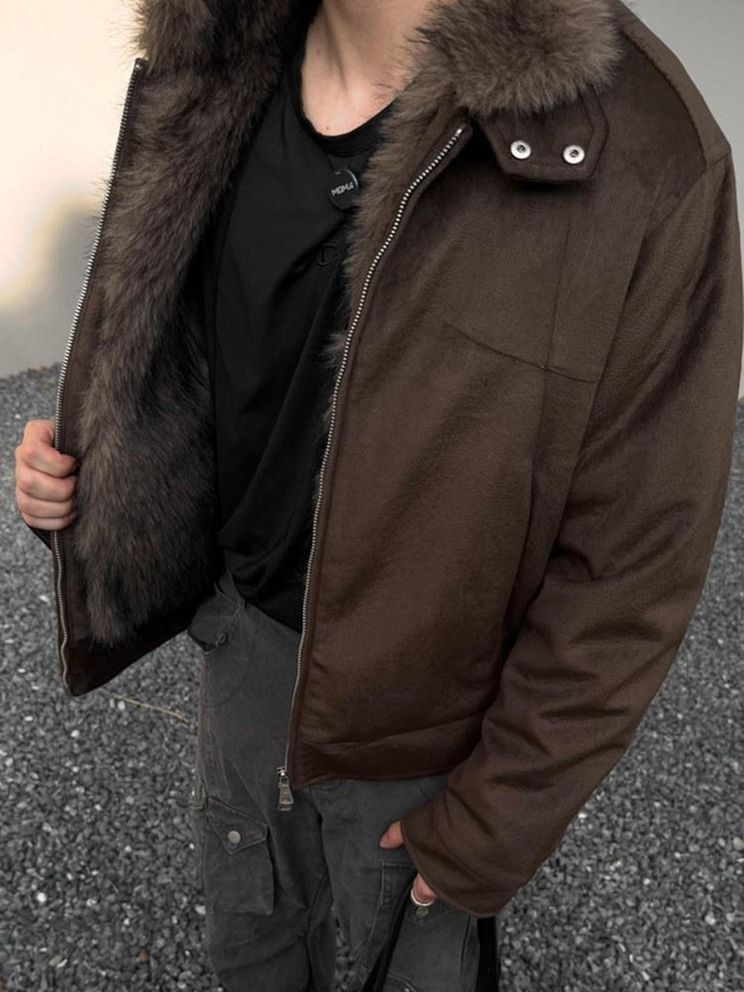 CATSSTAC Cozy Thick Suede Oversized Knit Stand Collar Unisex Chestnut Leather Jackets
