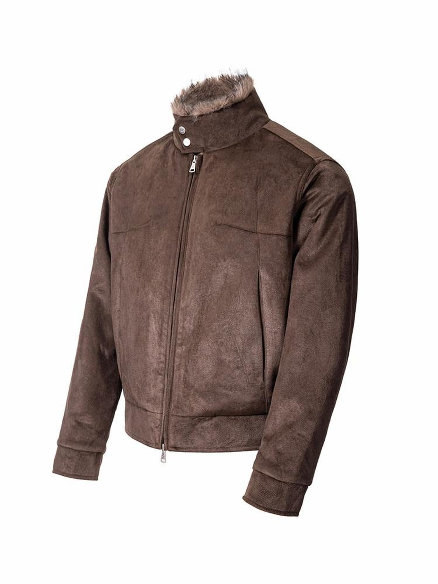 CATSSTAC Cozy Thick Suede Oversized Knit Stand Collar Unisex Chestnut Leather Jackets