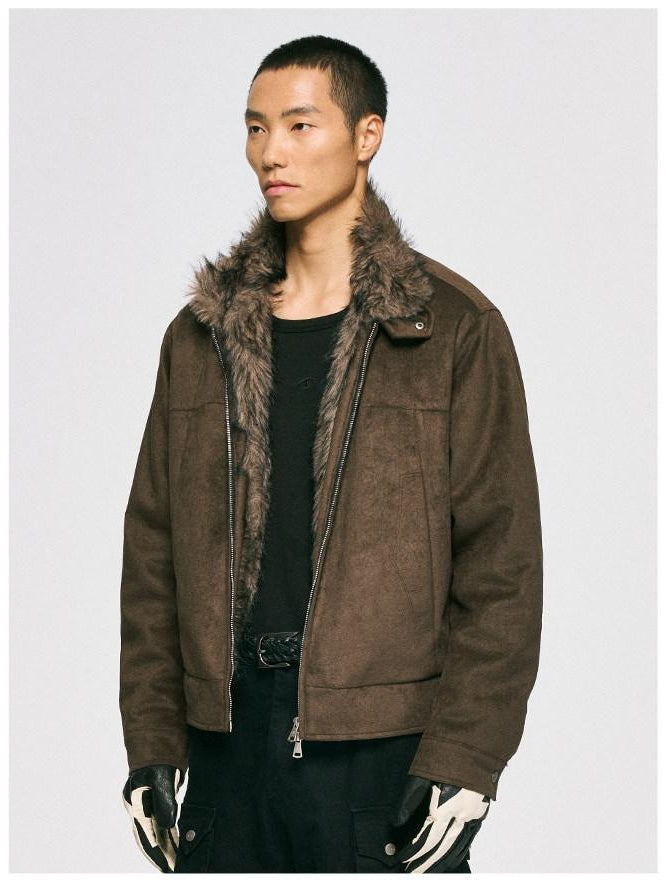 CATSSTAC Cozy Thick Suede Oversized Knit Stand Collar Unisex Chestnut Leather Jackets