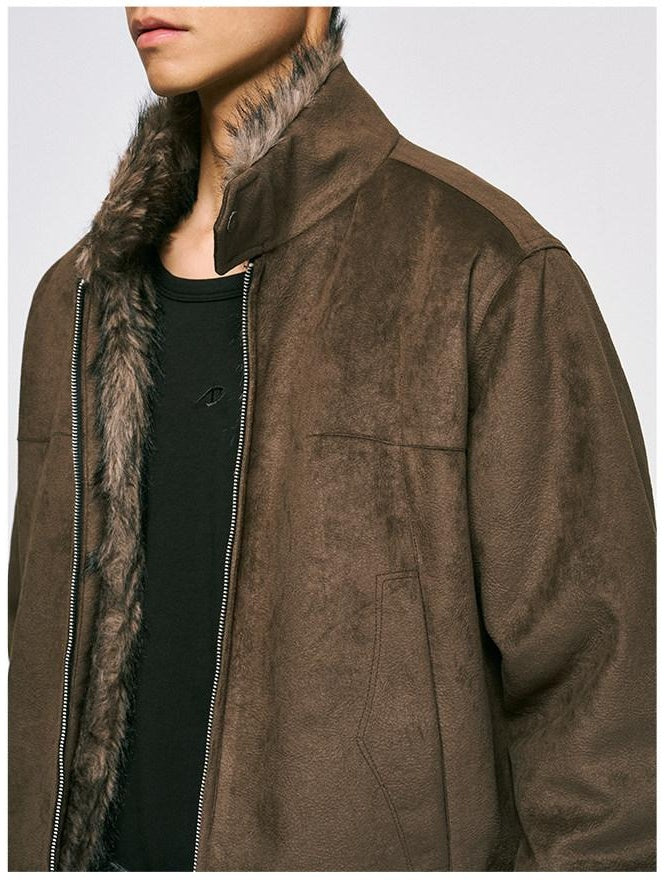 CATSSTAC Cozy Thick Suede Oversized Knit Stand Collar Unisex Chestnut Leather Jackets