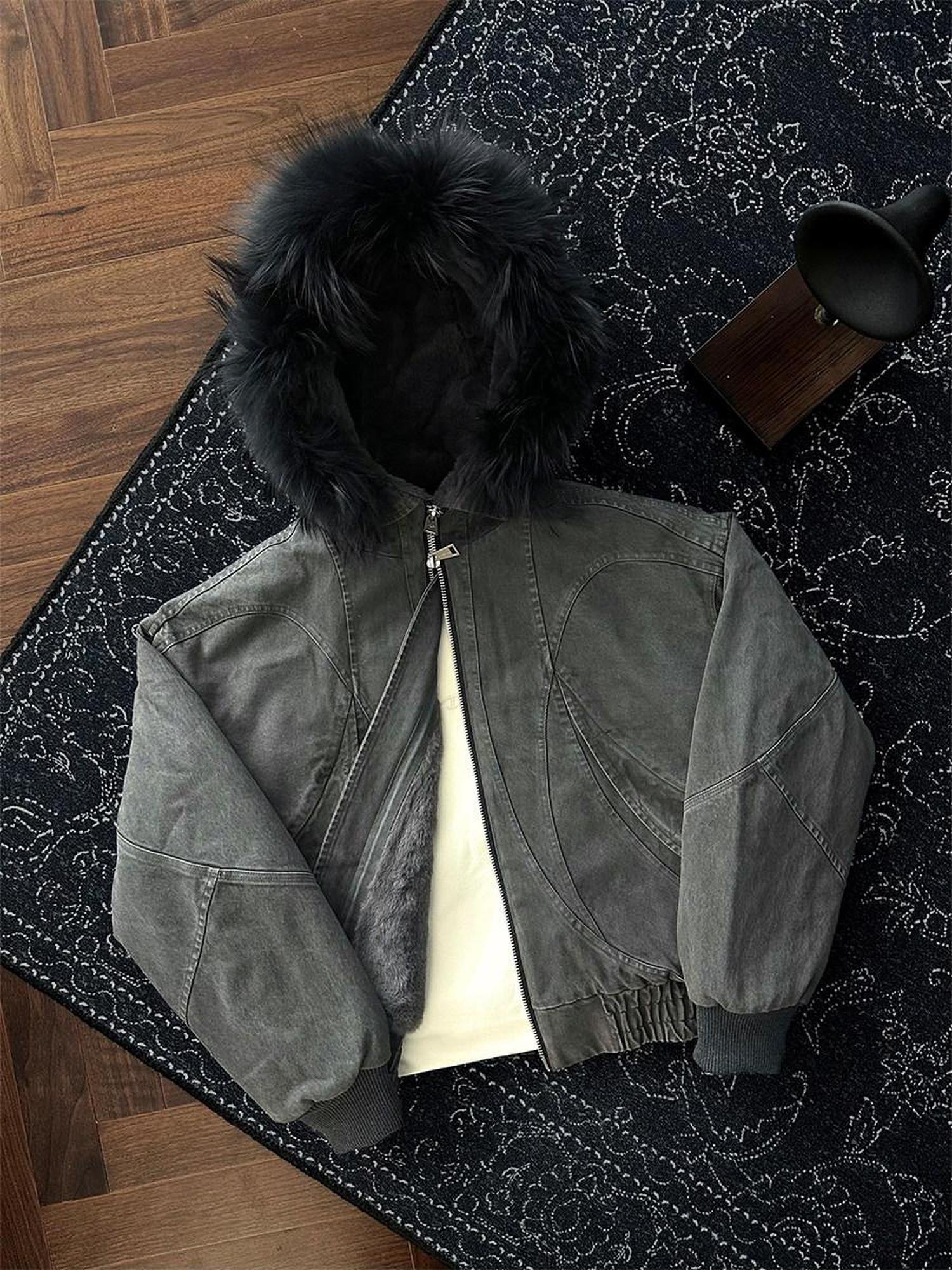 CATSSTAC Distressed Oversized Hooded Vintage Unisex Dark Gray Zippered Jackets