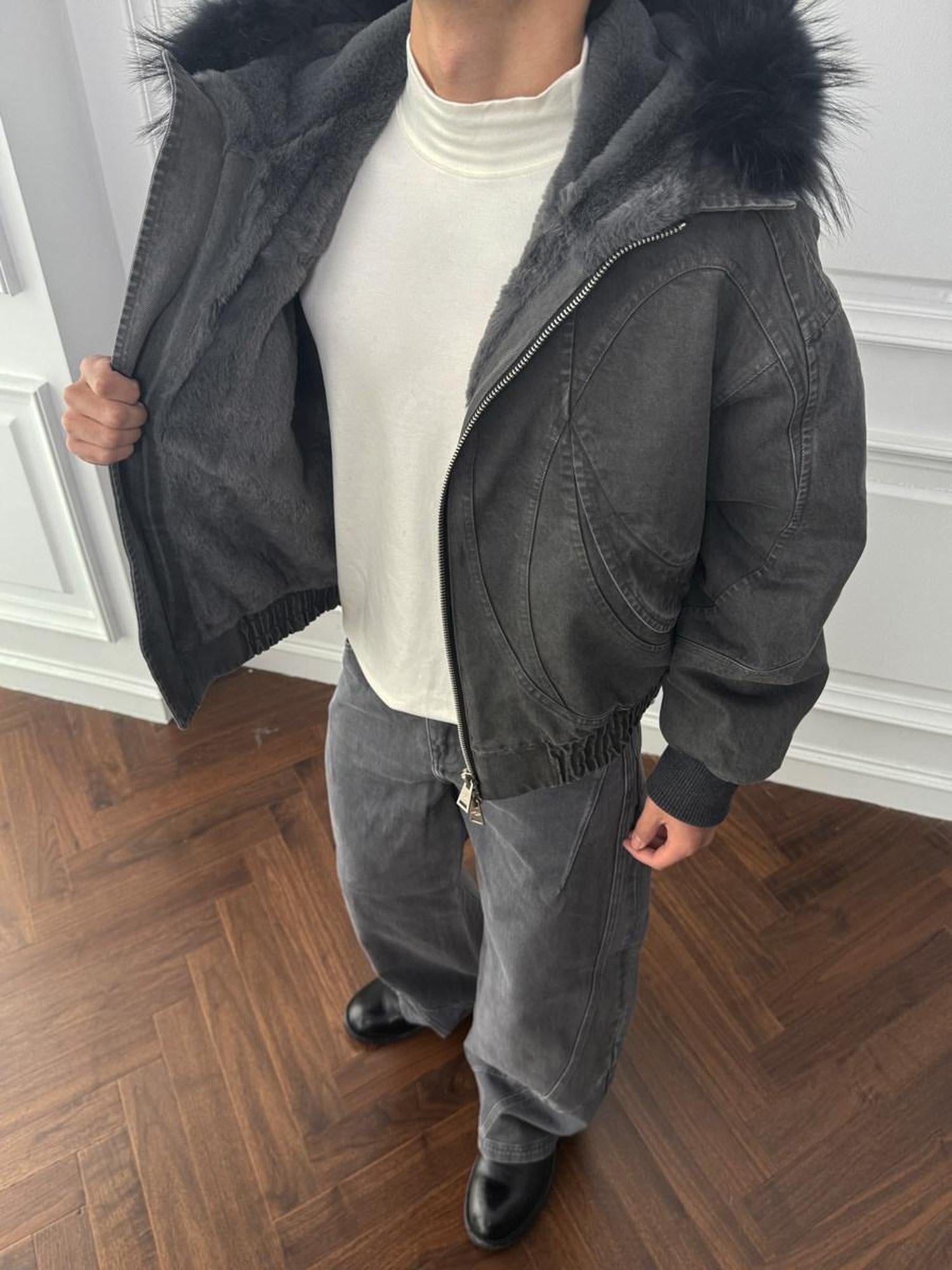 CATSSTAC Distressed Oversized Hooded Vintage Unisex Dark Gray Zippered Jackets