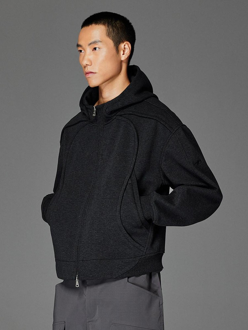CATSSTAC Double Zipper Minimalist Hooded Regular Fit Unisex Dark Gray Hoodie