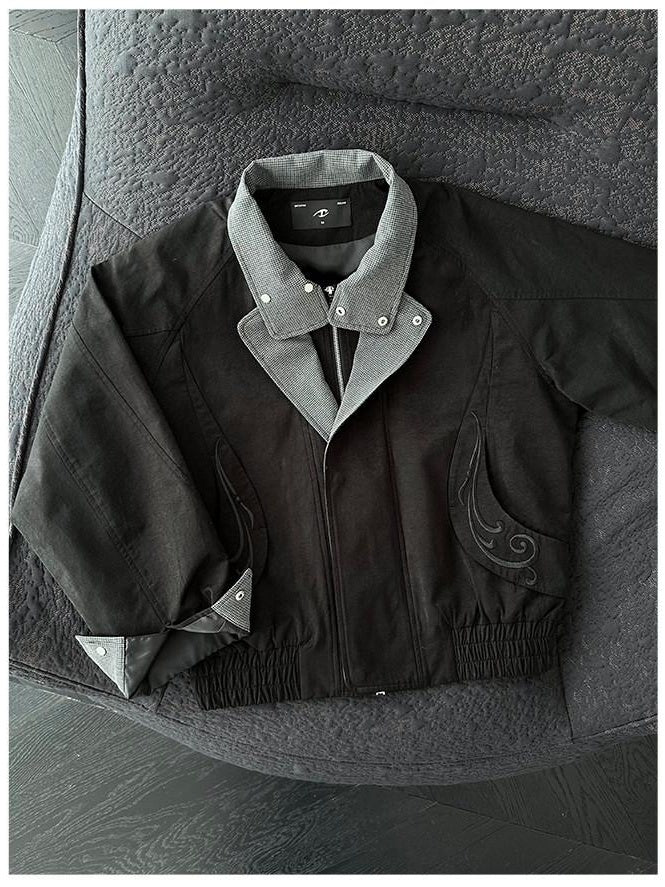 CATSSTAC Embroidered Houndstooth Loose Fit Casual Unisex Zip Black Khaki Cropped Jackets
