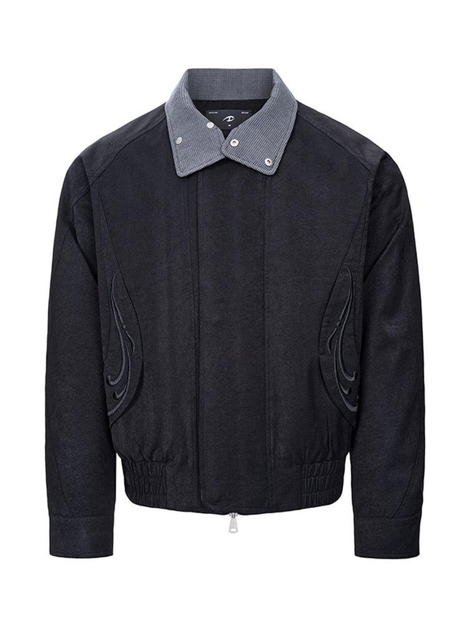 CATSSTAC Embroidered Houndstooth Loose Fit Casual Unisex Zip Black Khaki Cropped Jackets