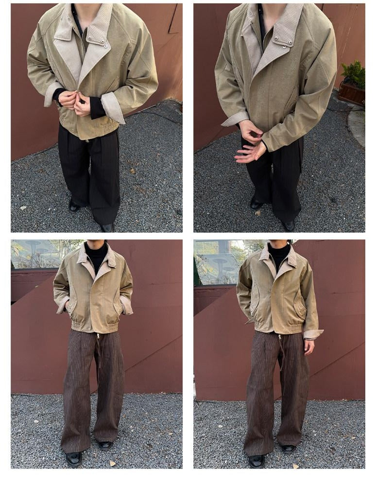 CATSSTAC Embroidered Houndstooth Loose Fit Casual Unisex Zip Black Khaki Cropped Jackets