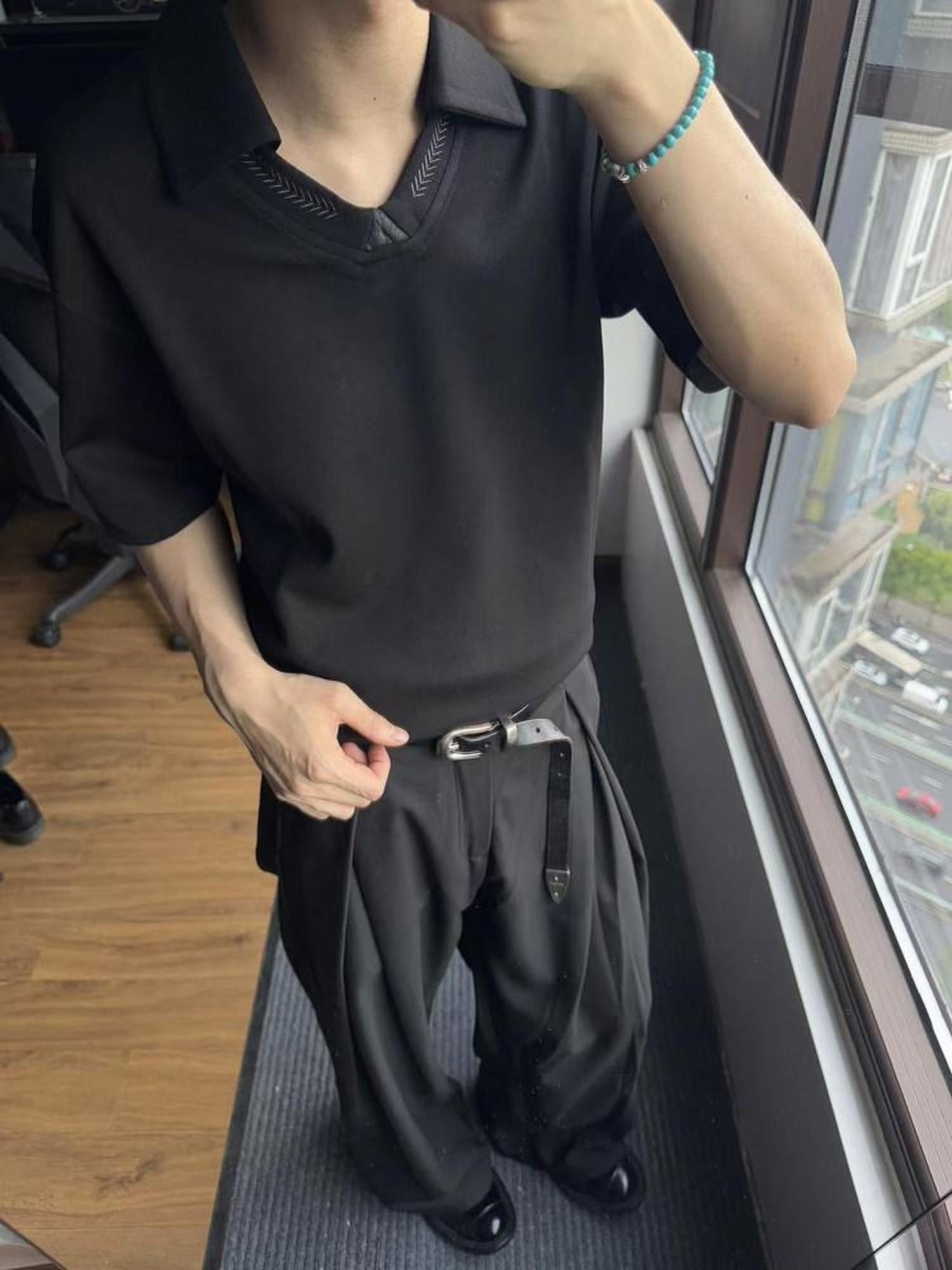CATSSTAC Embroidered Loose Drop Shoulder Trendy Men Casual Black Short Sleeve T-Shirts
