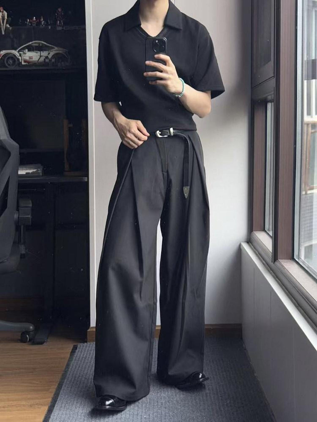 CATSSTAC Embroidered Loose Drop Shoulder Trendy Men Casual Black Short Sleeve T-Shirts