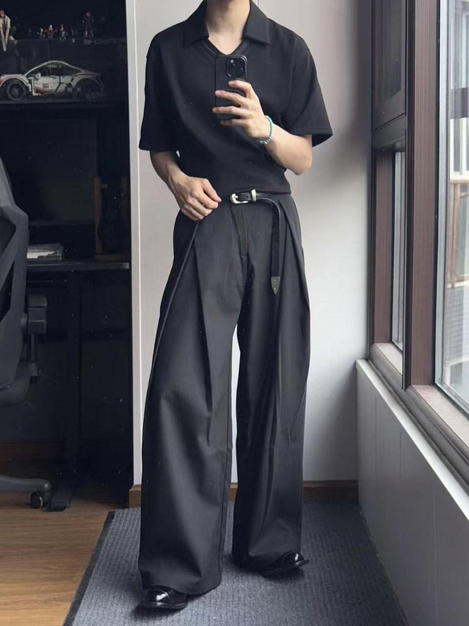 CATSSTAC Embroidered Loose Drop Shoulder Trendy Men Casual Black Short Sleeve T-Shirts