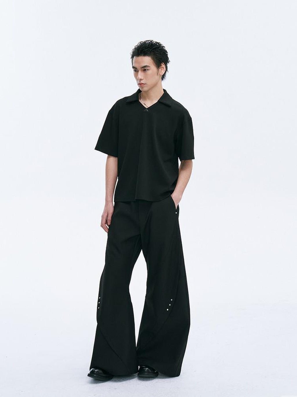 CATSSTAC Embroidered Loose Drop Shoulder Trendy Men Casual Black Short Sleeve T-Shirts