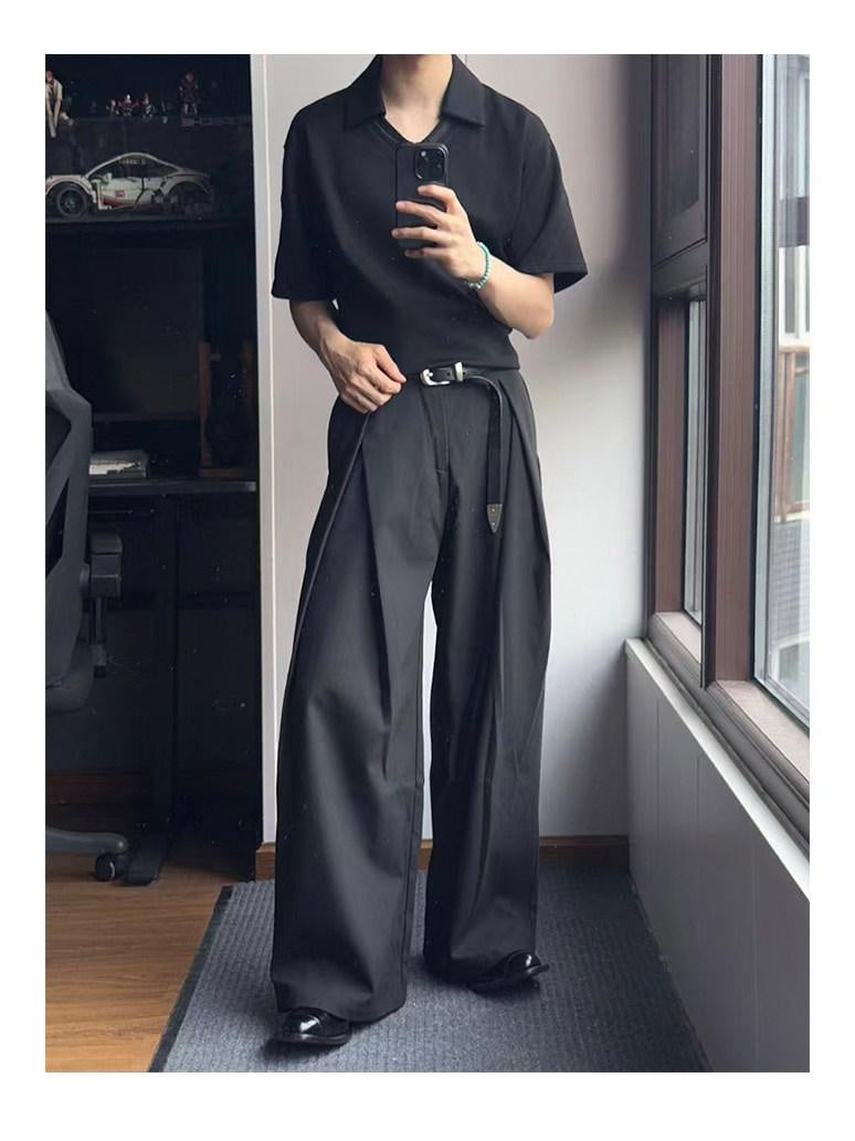 CATSSTAC Embroidered Loose Drop Shoulder Trendy Men Casual Black Short Sleeve T-Shirts