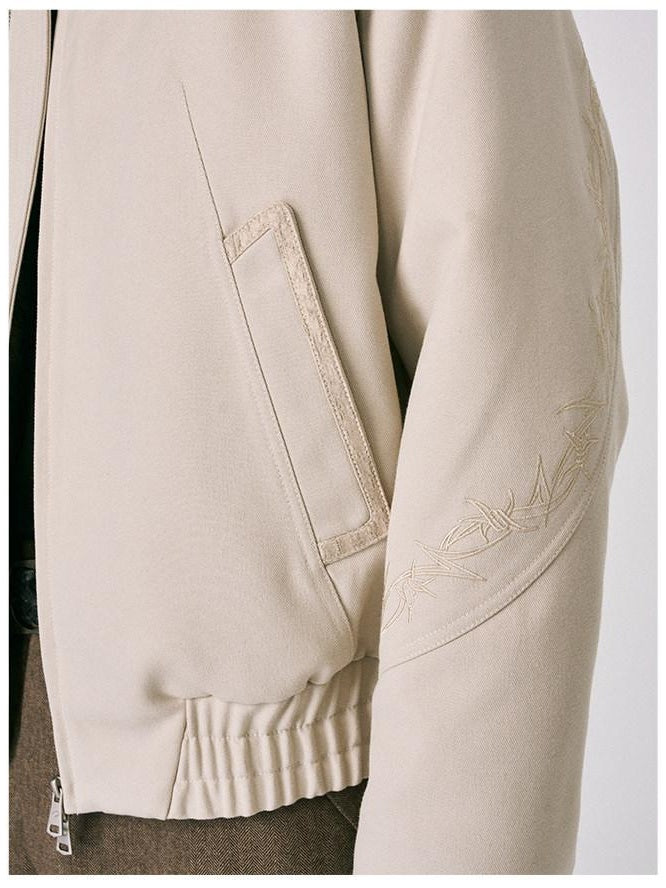 CATSSTAC Embroidered Loose Fit Stand Collar Casual Unisex Daily Khaki Zip Front Jackets