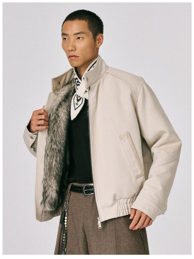 CATSSTAC Embroidered Loose Fit Stand Collar Casual Unisex Daily Khaki Zip Front Jackets