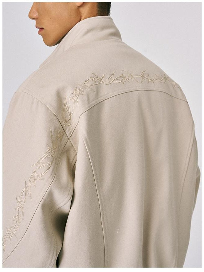 CATSSTAC Embroidered Loose Fit Stand Collar Casual Unisex Daily Khaki Zip Front Jackets