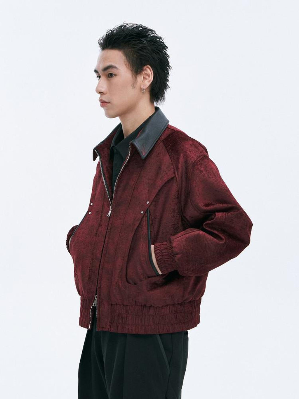 CATSSTAC Embroidered Loose Fit Turndown Collar Zip Side Pocket Men Casual Cropped Jackets