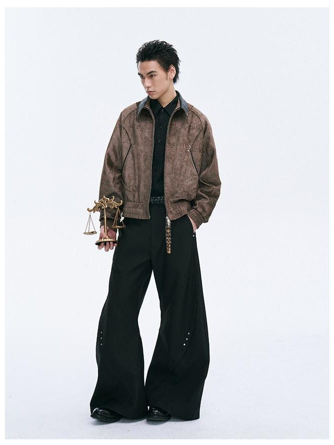 CATSSTAC Embroidered Loose Fit Turndown Collar Zip Side Pocket Men Casual Cropped Jackets
