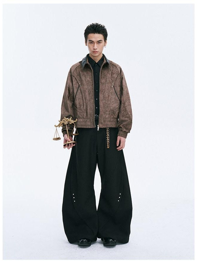 CATSSTAC Embroidered Loose Fit Turndown Collar Zip Side Pocket Men Casual Cropped Jackets
