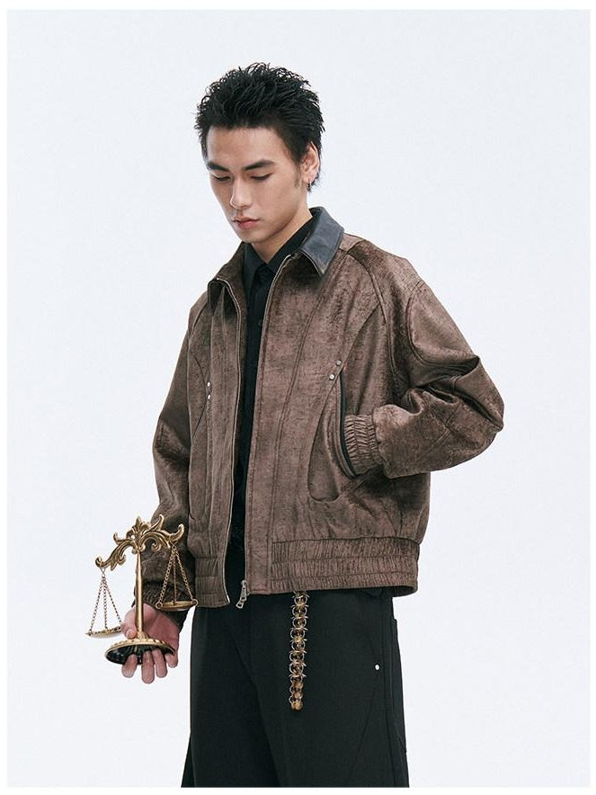 CATSSTAC Embroidered Loose Fit Turndown Collar Zip Side Pocket Men Casual Cropped Jackets