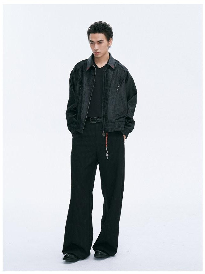 CATSSTAC Embroidered Loose Fit Turndown Collar Zip Side Pocket Men Casual Cropped Jackets