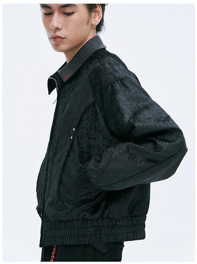 CATSSTAC Embroidered Loose Fit Turndown Collar Zip Side Pocket Men Casual Cropped Jackets