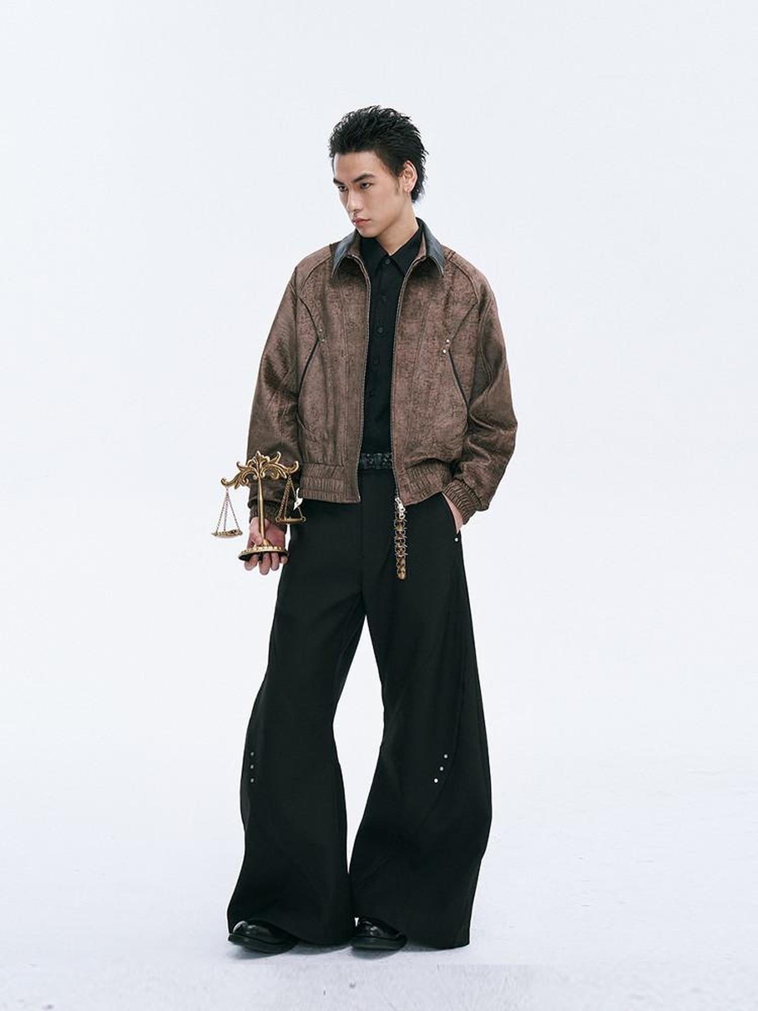 CATSSTAC Embroidered Loose Fit Turndown Collar Zip Side Pocket Men Casual Cropped Jackets