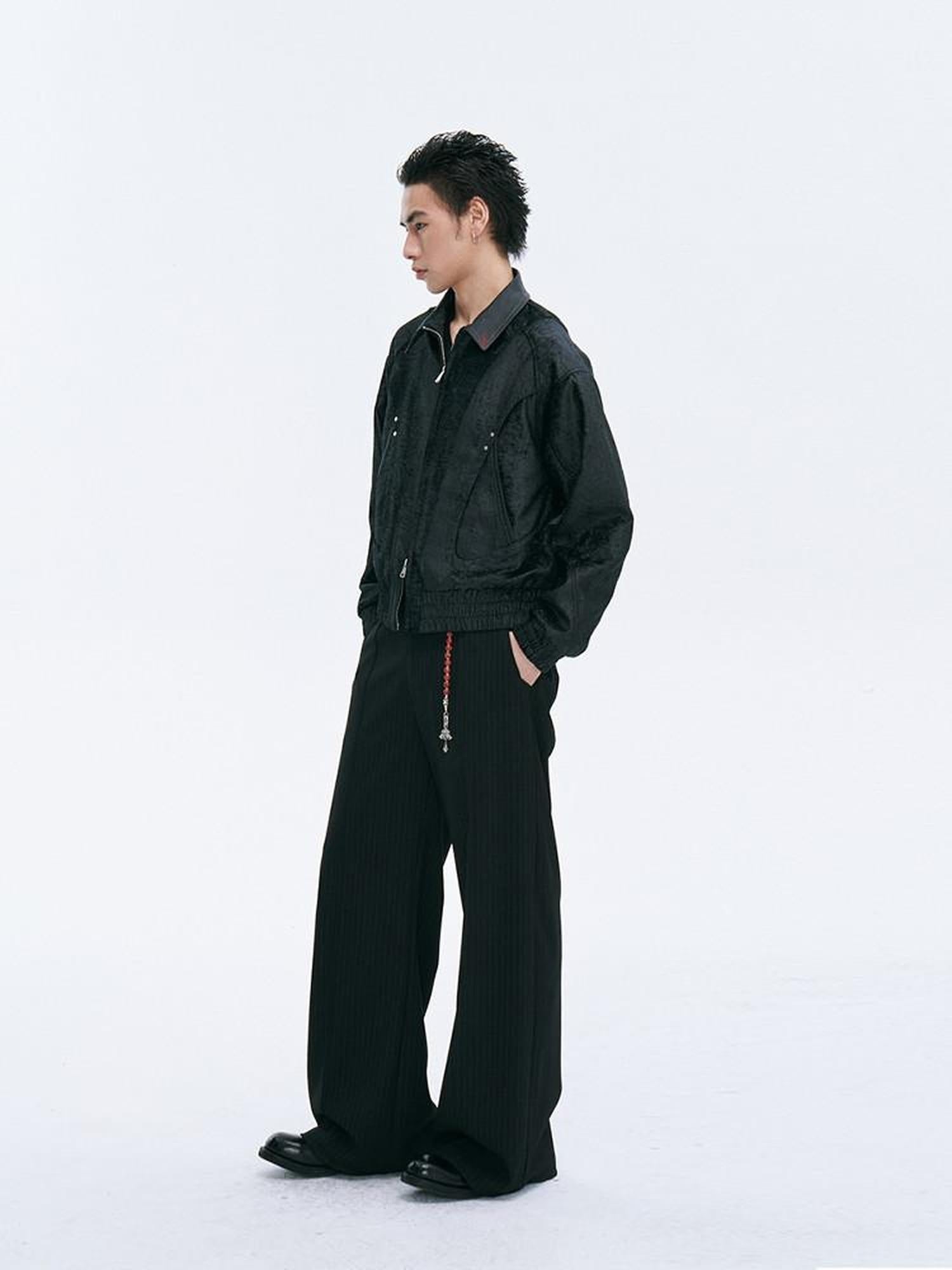 CATSSTAC Embroidered Loose Fit Turndown Collar Zip Side Pocket Men Casual Cropped Jackets