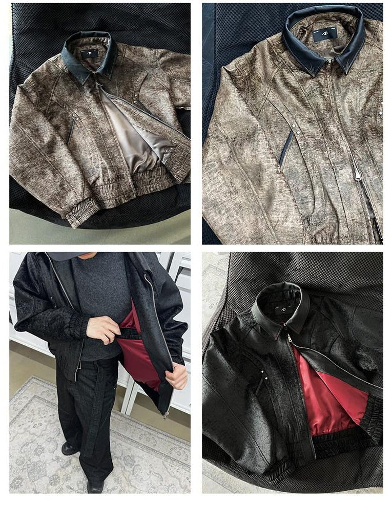 CATSSTAC Embroidered Loose Fit Turndown Collar Zip Side Pocket Men Casual Cropped Jackets