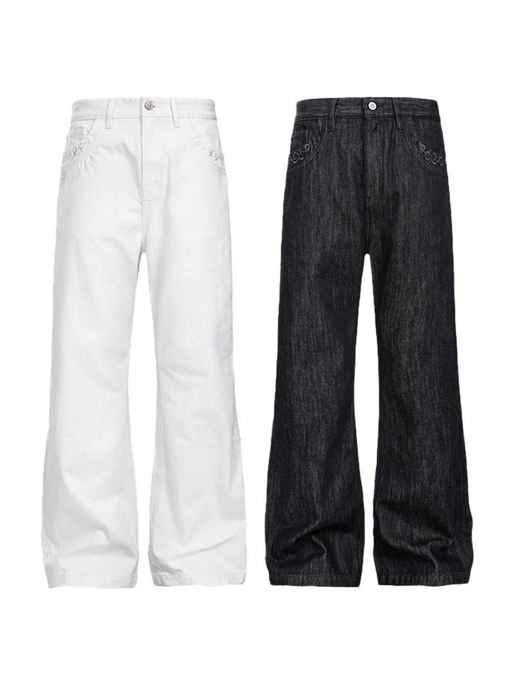CATSSTAC Embroidered Mid Rise Relaxed Straight Zip Fly Black Gray Straight Leg Jeans