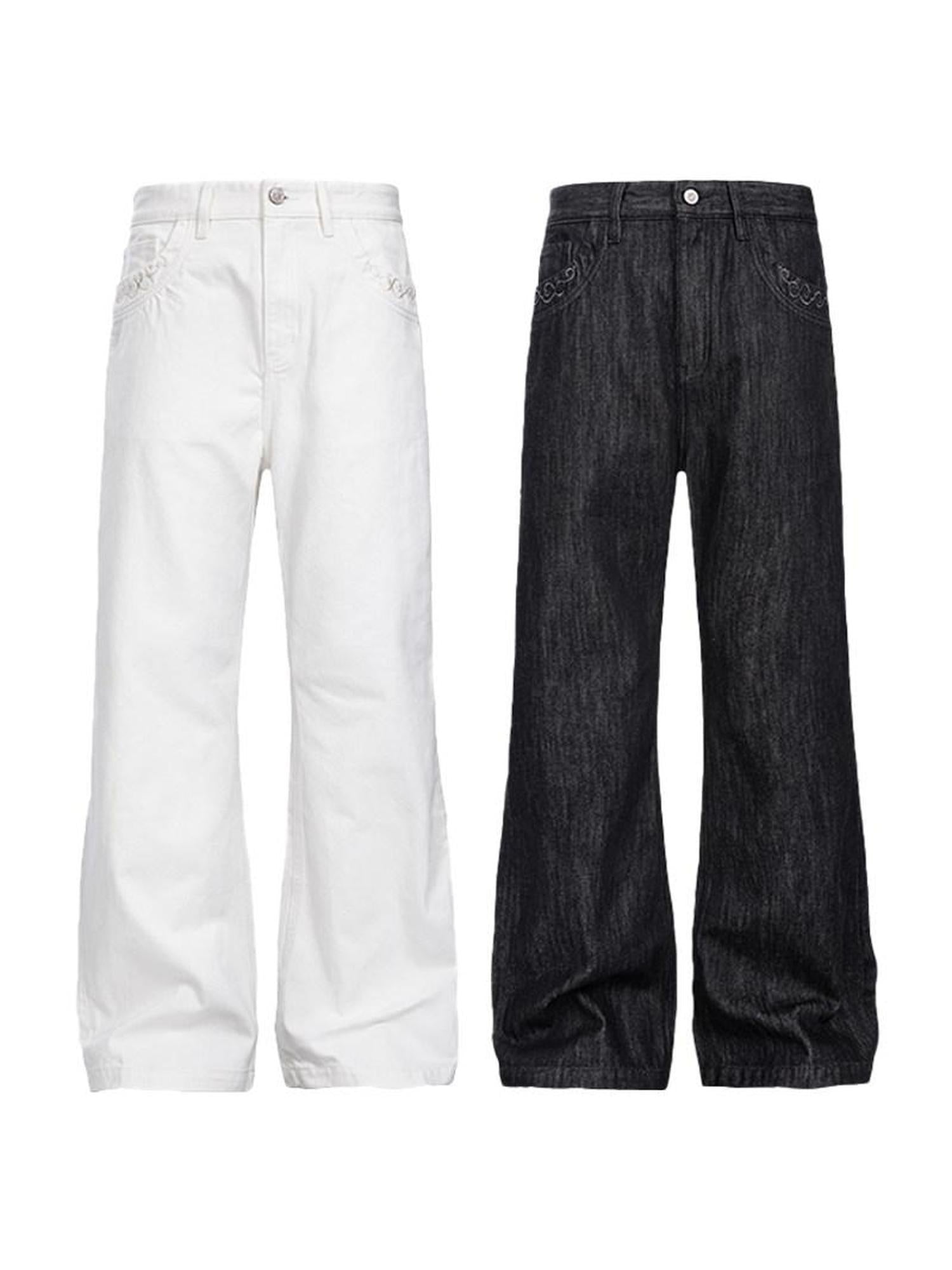 CATSSTAC Embroidered Mid Rise Relaxed Straight Zip Fly Black Gray Straight Leg Jeans