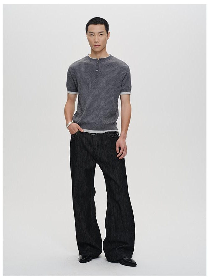 CATSSTAC Embroidered Mid Rise Relaxed Straight Zip Fly Black Gray Straight Leg Jeans