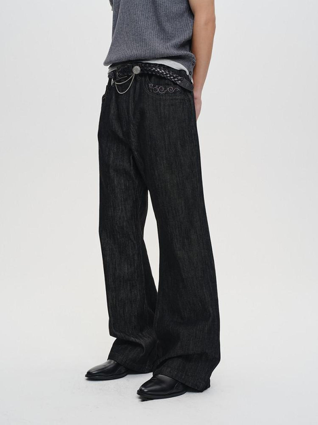 CATSSTAC Embroidered Mid Rise Relaxed Straight Zip Fly Black Gray Straight Leg Jeans