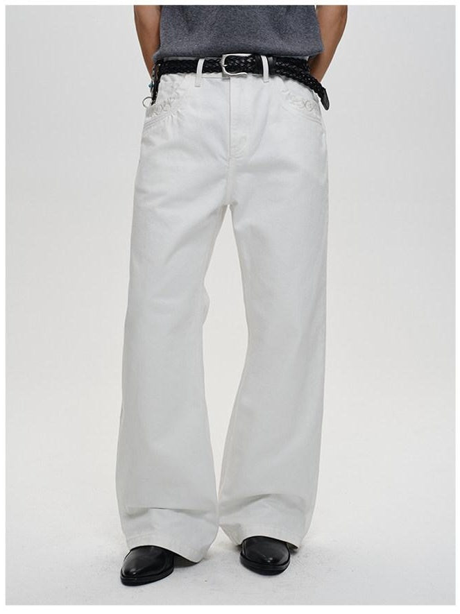 CATSSTAC Embroidered Mid Rise Relaxed Straight Zip Fly Black Gray Straight Leg Jeans