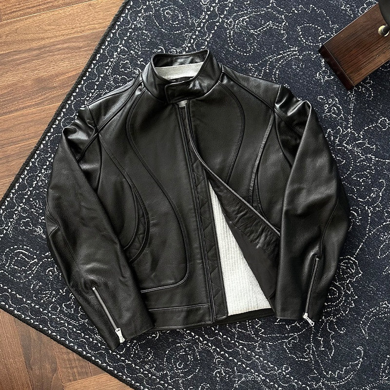 CATSSTAC First Layer Cowhide Loose Fit Stand Collar Zipper Unisex Black Leather Jackets