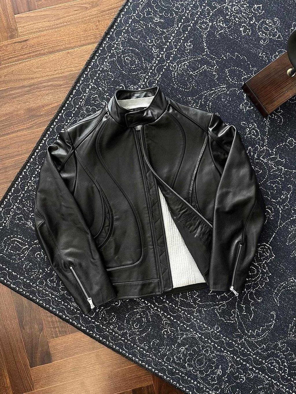CATSSTAC First Layer Cowhide Loose Fit Stand Collar Zipper Unisex Black Leather Jackets