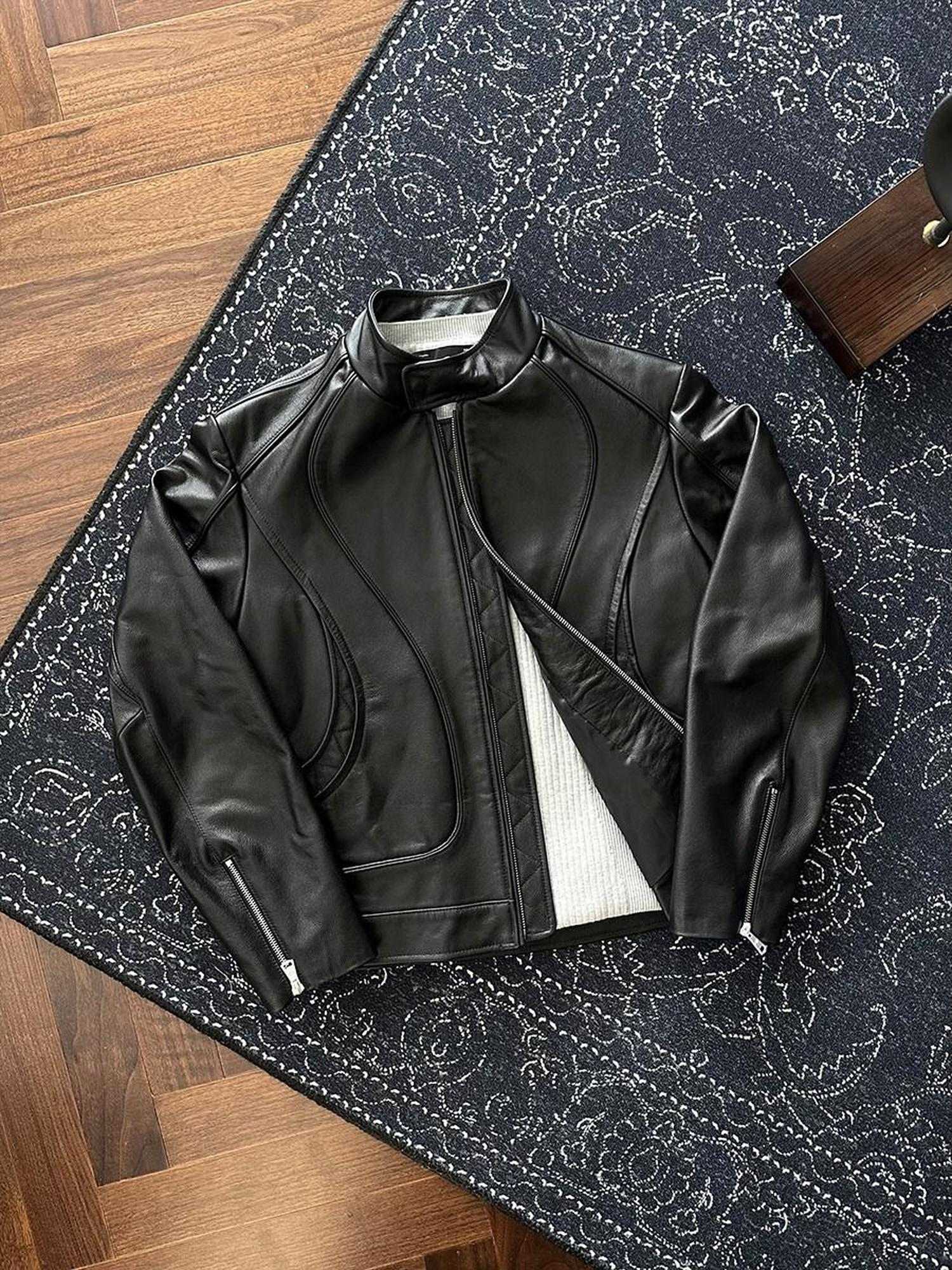 CATSSTAC First Layer Cowhide Loose Fit Stand Collar Zipper Unisex Black Leather Jackets
